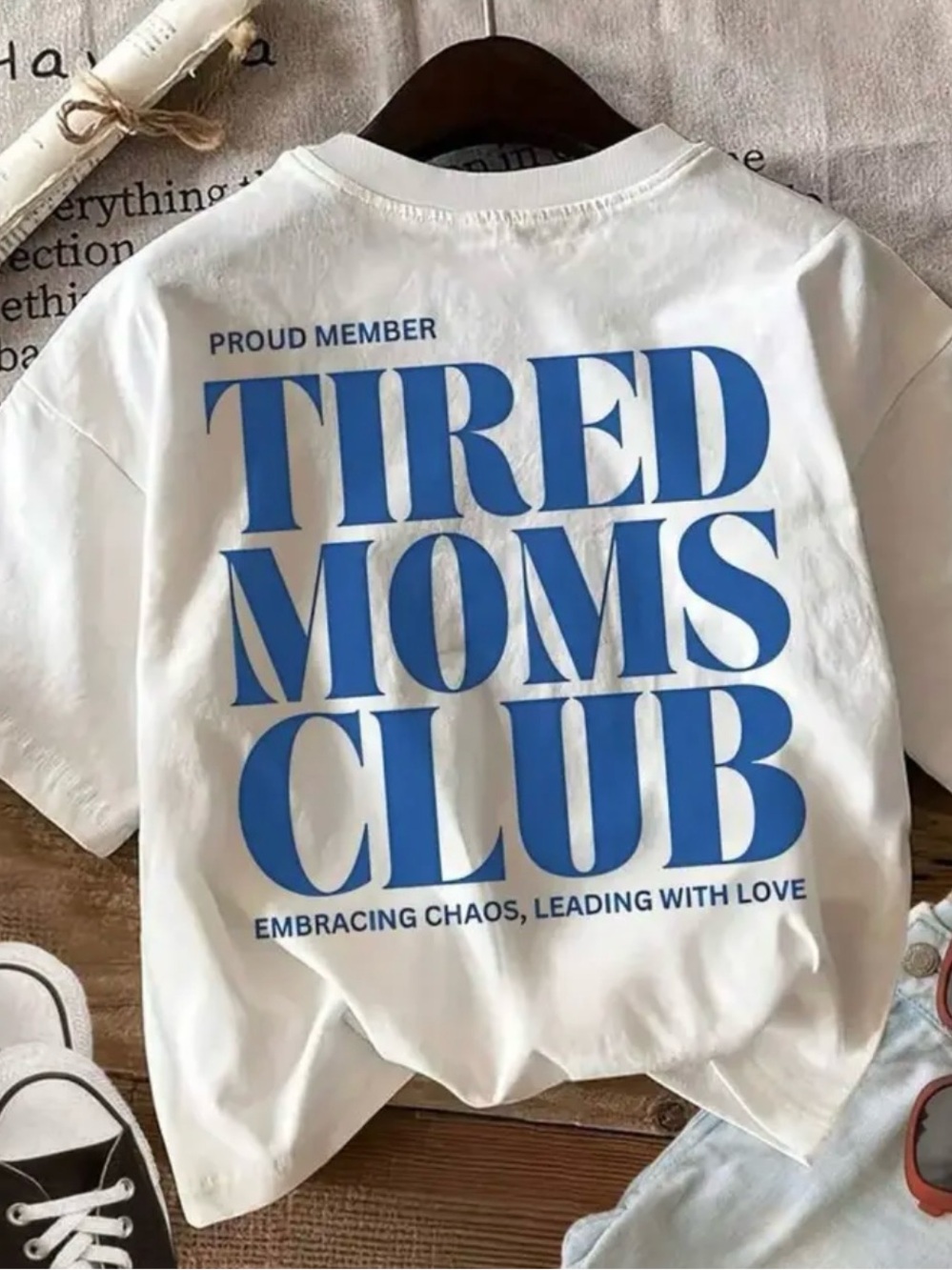 Tired Moms Club Graphic Tee - White with Blue Print - Picture 2 of 3